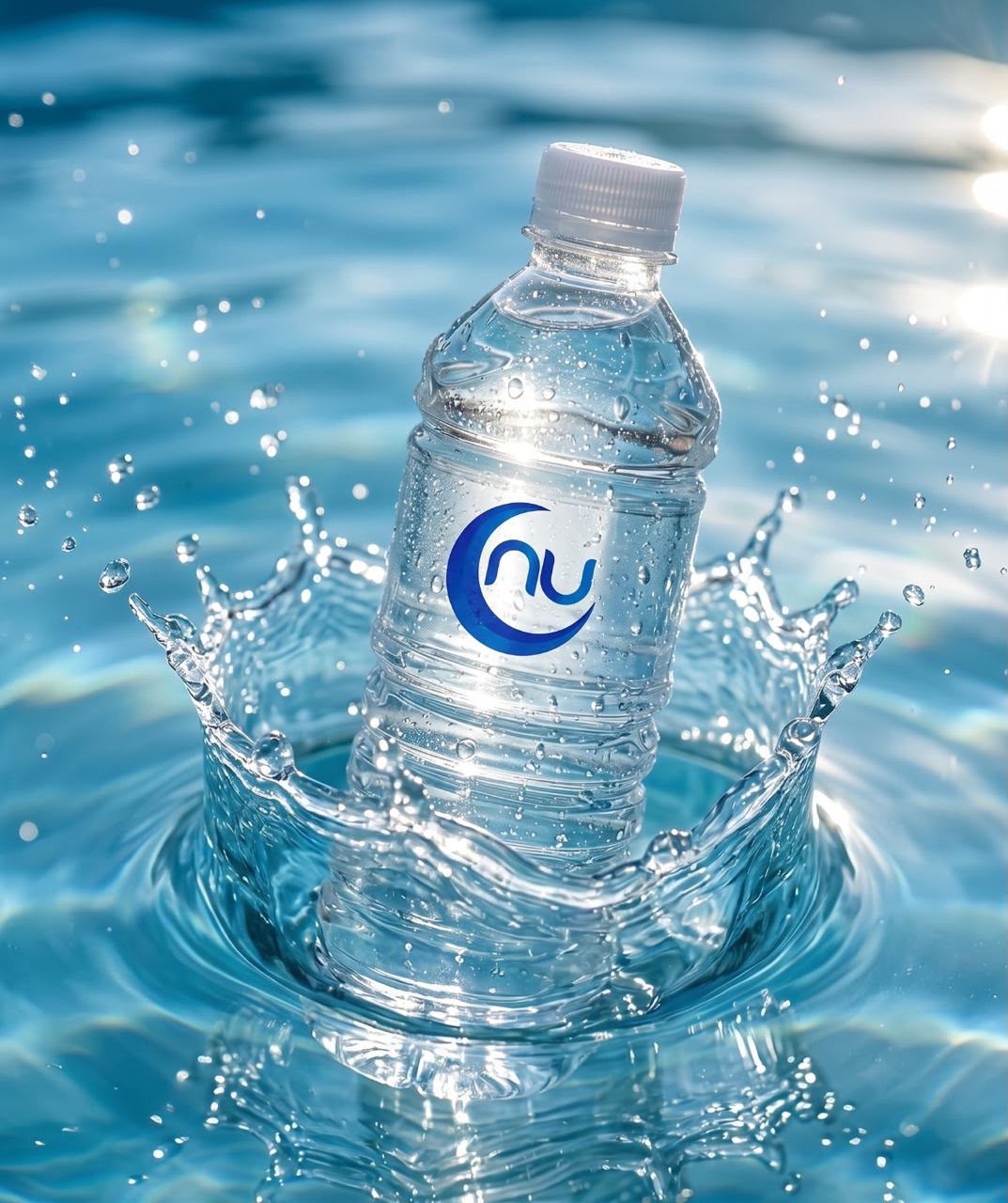 NU Water bottle splashing into clear water